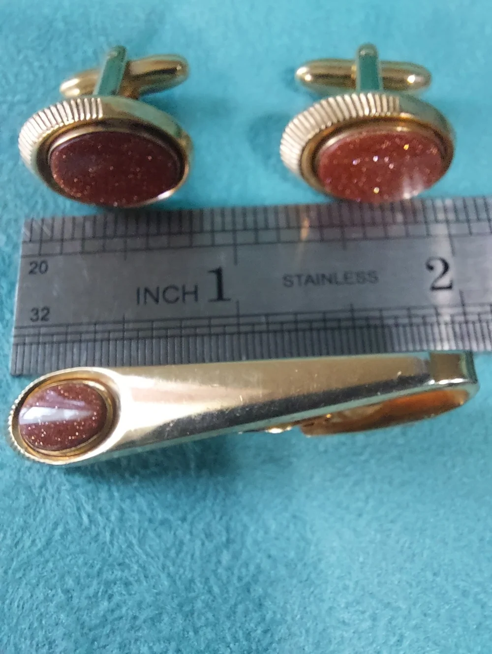 Speidel Matching Goldtone w/Metallic Accent Stones Tie Clip & Cufflinks Vintage